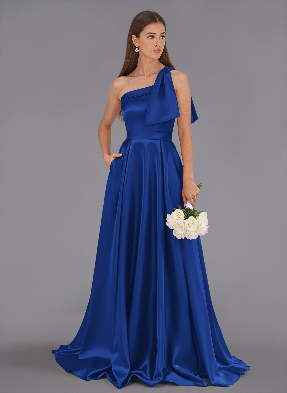 Classy Bow(s) One-Shoulder A-Line Sweep Train Satin Bridesmaid Dresses With Pockets, product image 124