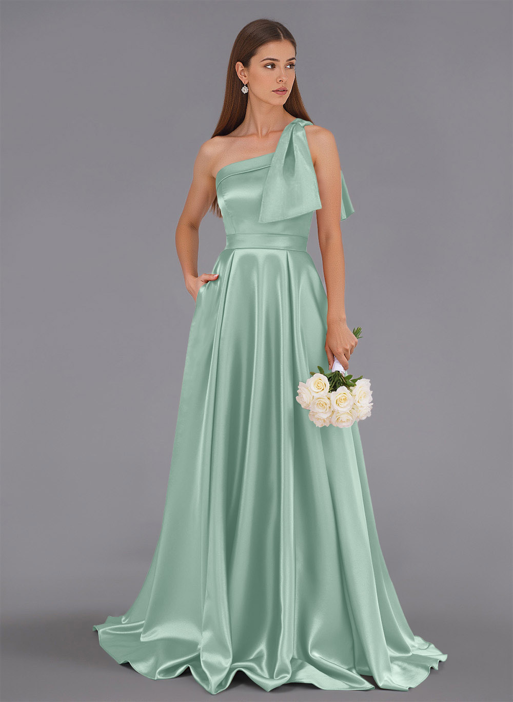 Classy Bow(s) One-Shoulder A-Line Sweep Train Satin Bridesmaid Dresses With Pockets, product image 52