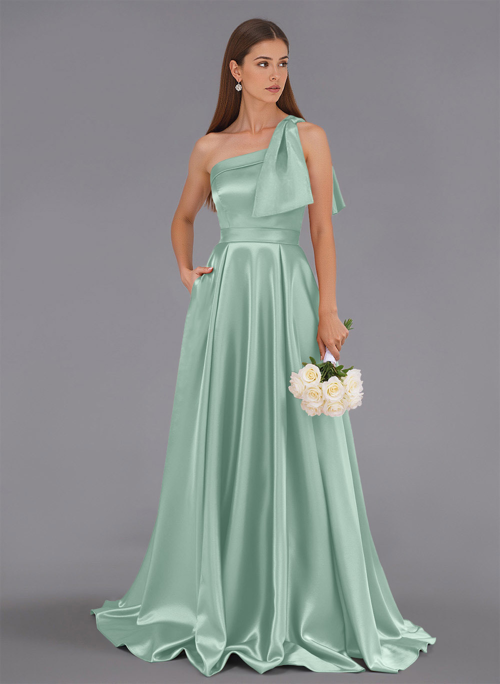Classy Bow(s) One-Shoulder A-Line Sweep Train Satin Bridesmaid Dresses With Pockets, product image 52