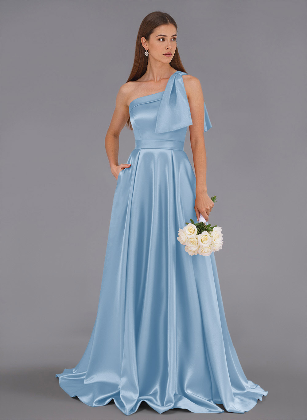 Classy Bow(s) One-Shoulder A-Line Sweep Train Satin Bridesmaid Dresses With Pockets, product image 116