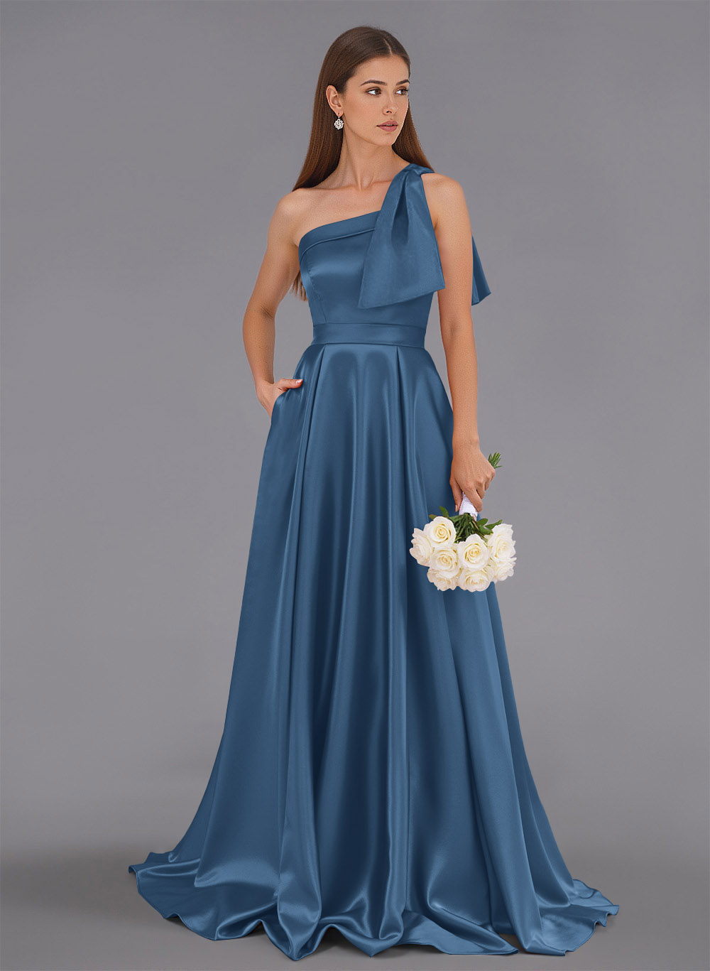 Classy Bow(s) One-Shoulder A-Line Sweep Train Satin Bridesmaid Dresses With Pockets, product image 130