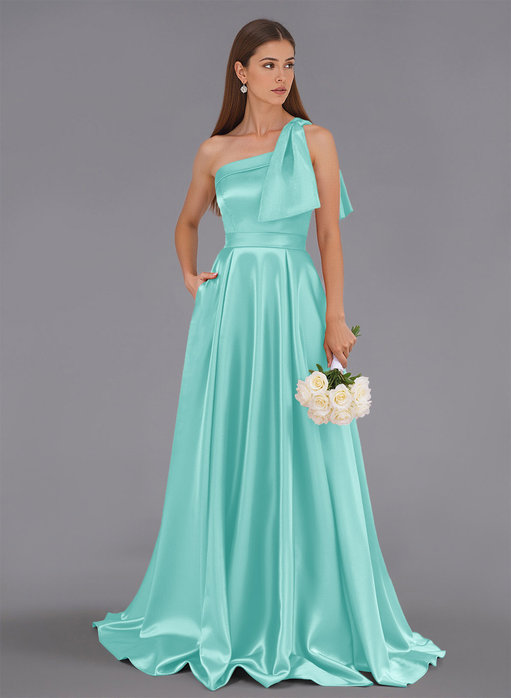 Classy Bow(s) One-Shoulder A-Line Sweep Train Satin Bridesmaid Dresses With Pockets, product image 48