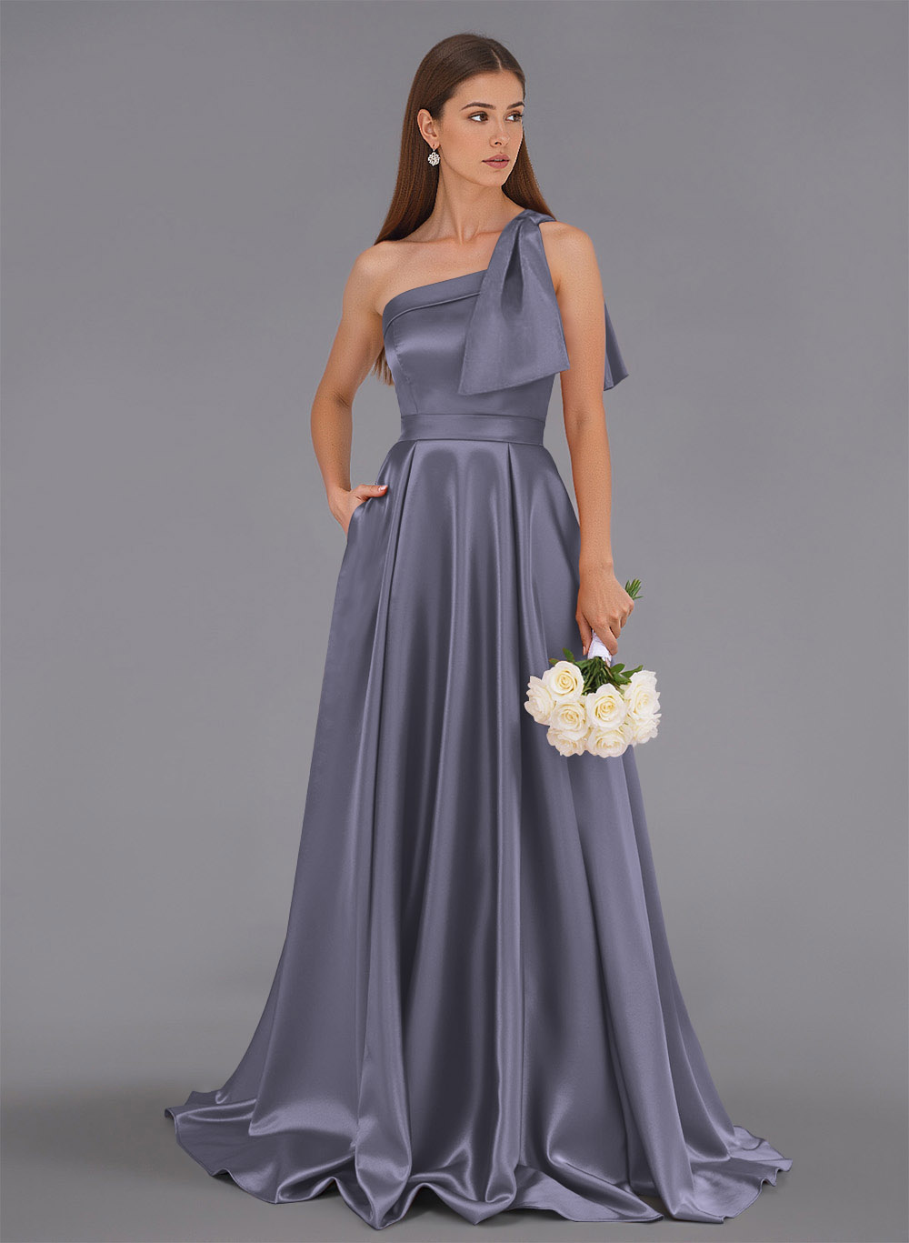 Classy Bow(s) One-Shoulder A-Line Sweep Train Satin Bridesmaid Dresses With Pockets, product image 128