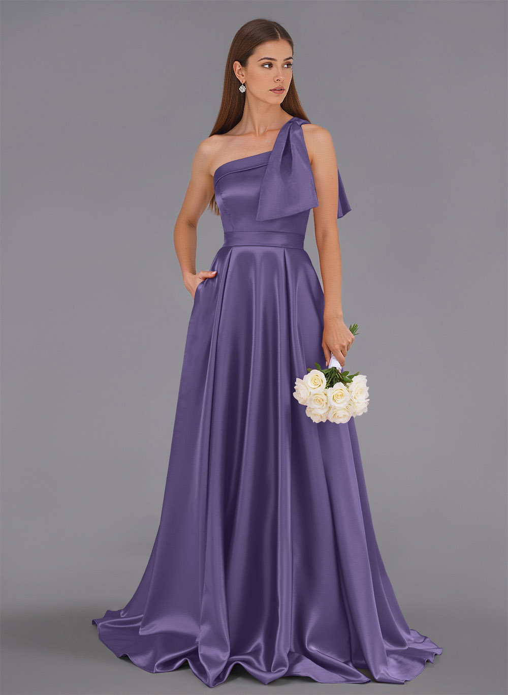 Classy Bow(s) One-Shoulder A-Line Sweep Train Satin Bridesmaid Dresses With Pockets, product image 72