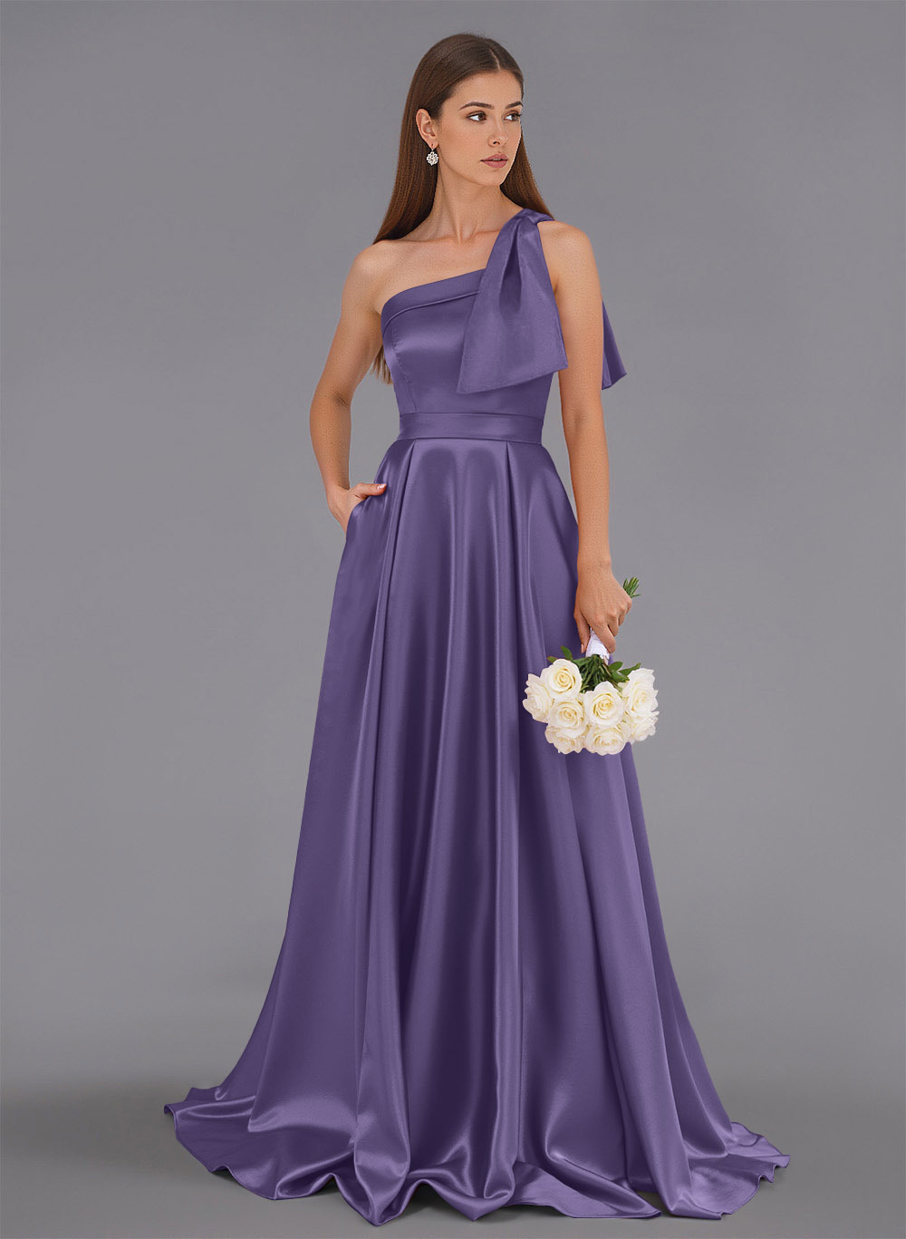 Classy Bow(s) One-Shoulder A-Line Sweep Train Satin Bridesmaid Dresses With Pockets, product image 72