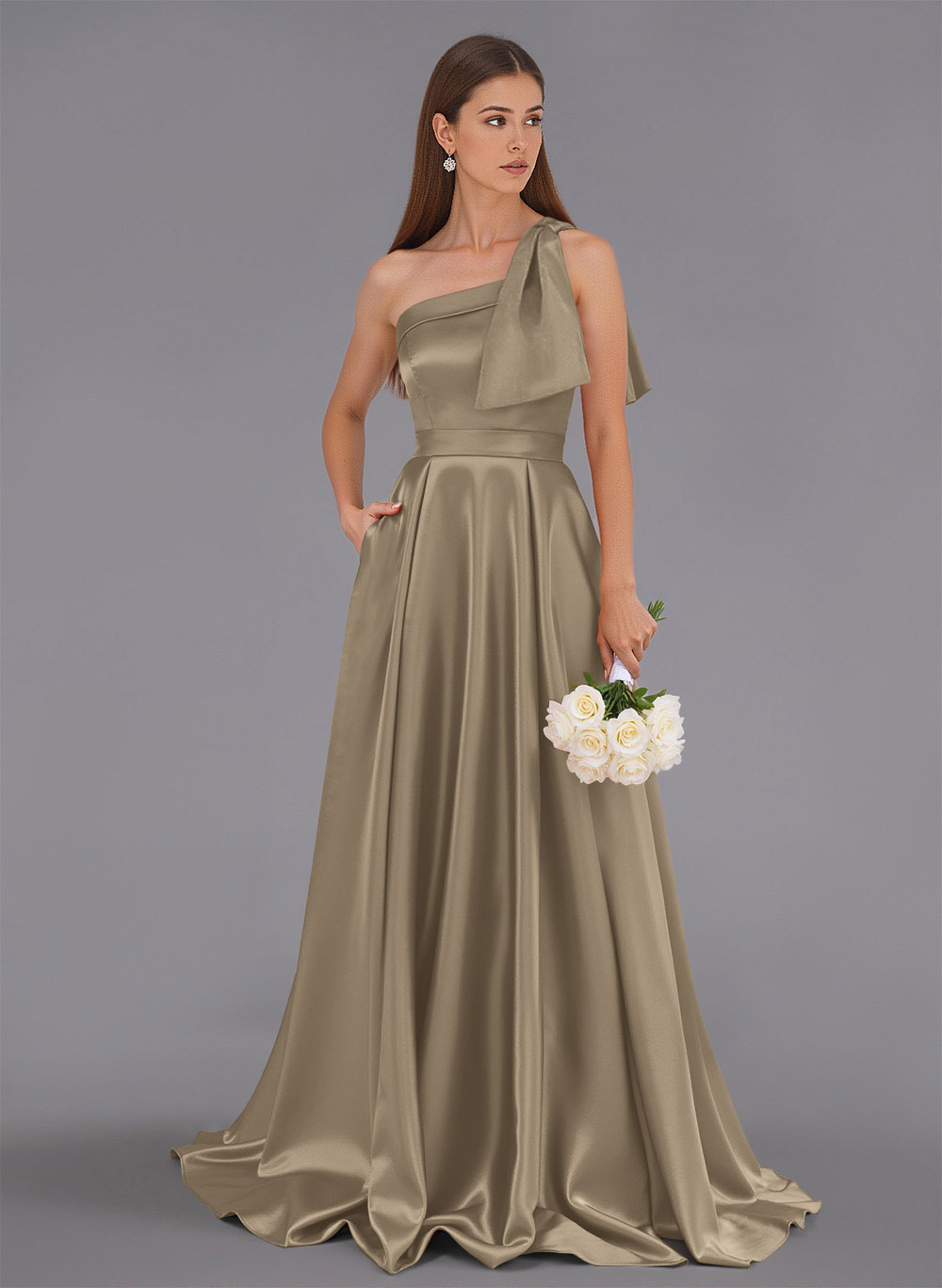 Classy Bow(s) One-Shoulder A-Line Sweep Train Satin Bridesmaid Dresses With Pockets, product image 44