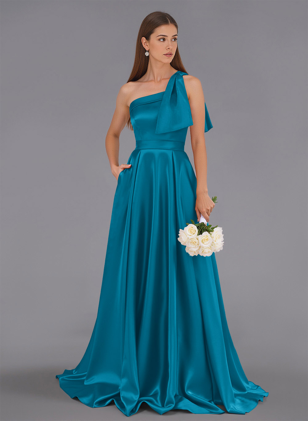 Classy Bow(s) One-Shoulder A-Line Sweep Train Satin Bridesmaid Dresses With Pockets, product image 4