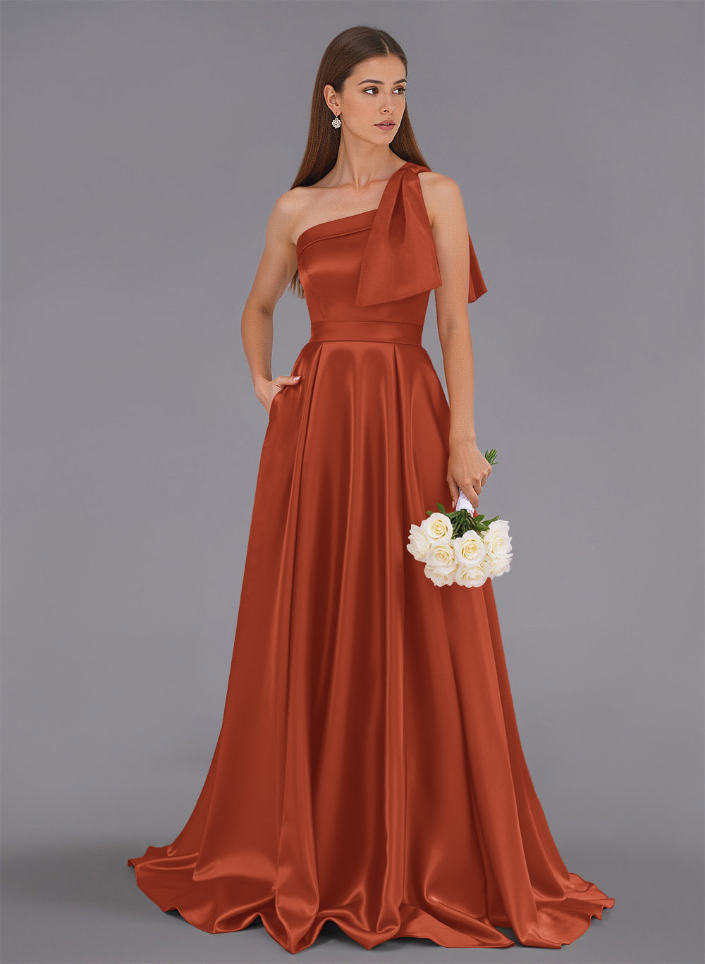 Classy Bow(s) One-Shoulder A-Line Sweep Train Satin Bridesmaid Dresses With Pockets, product image 6