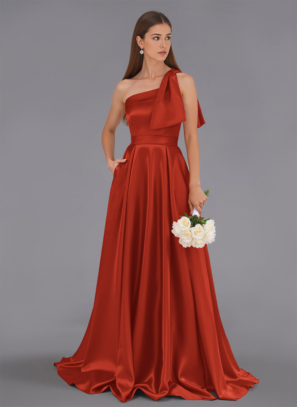 Classy Bow(s) One-Shoulder A-Line Sweep Train Satin Bridesmaid Dresses With Pockets, product image 102
