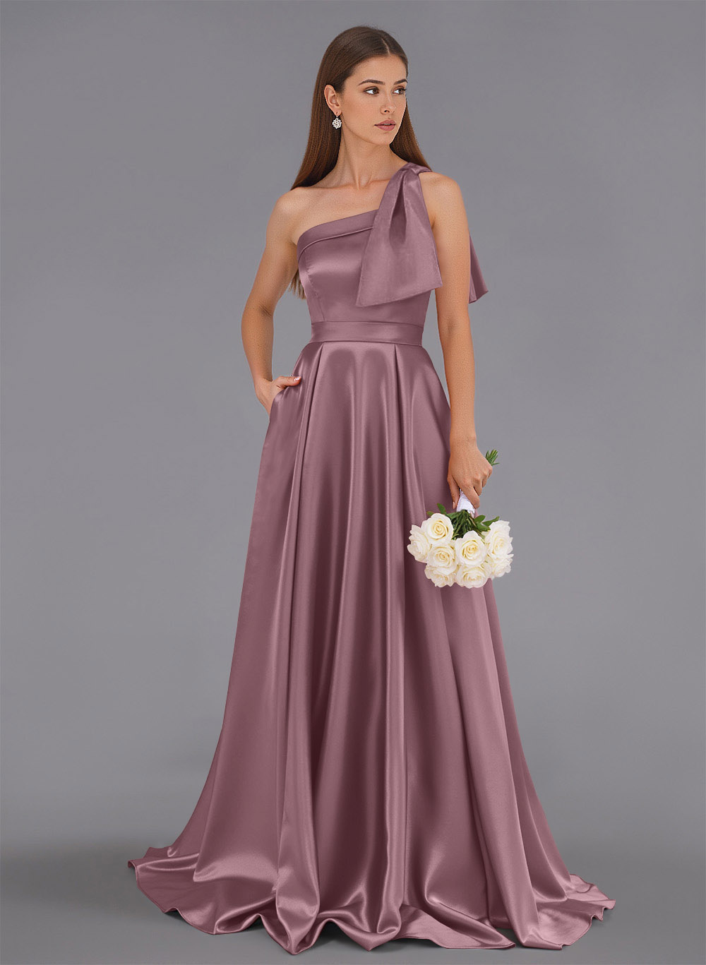 Classy Bow(s) One-Shoulder A-Line Sweep Train Satin Bridesmaid Dresses With Pockets, product image 80