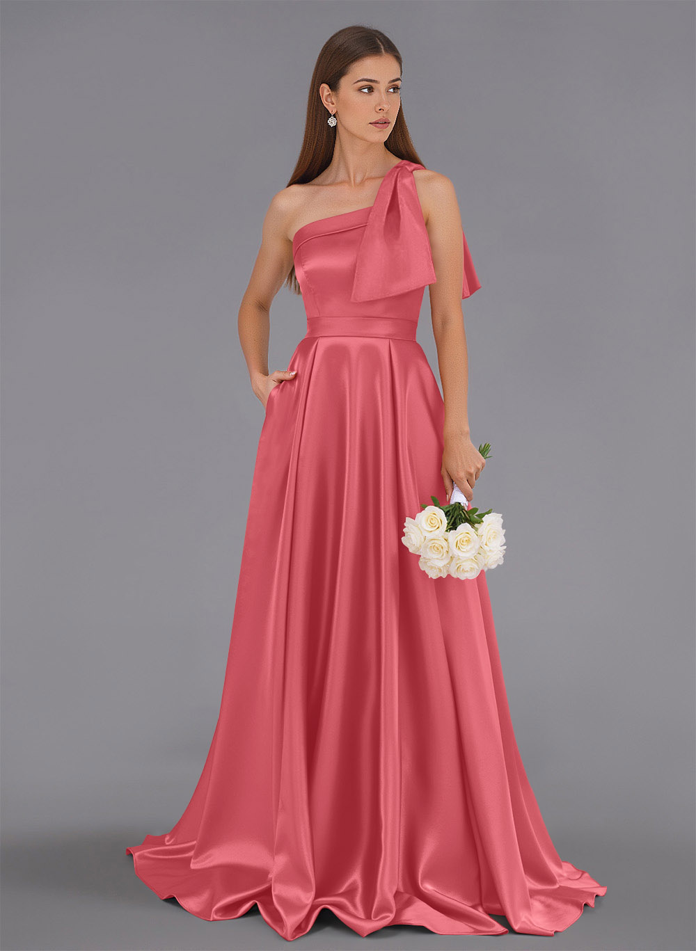 Classy Bow(s) One-Shoulder A-Line Sweep Train Satin Bridesmaid Dresses With Pockets, product image 100