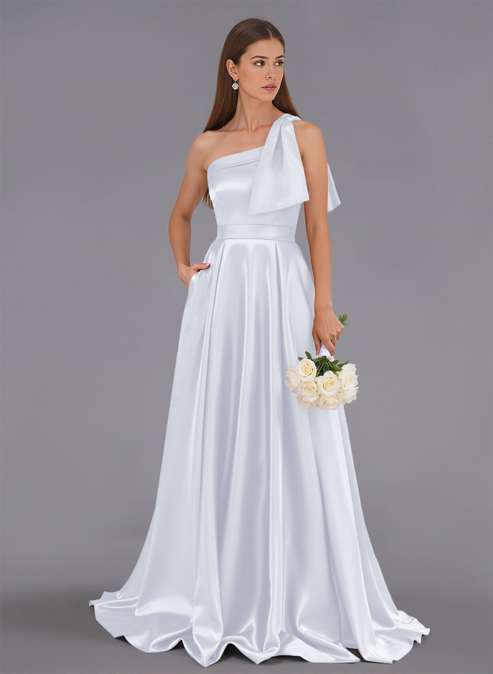 Classy Bow(s) One-Shoulder A-Line Sweep Train Satin Bridesmaid Dresses With Pockets, product image 30