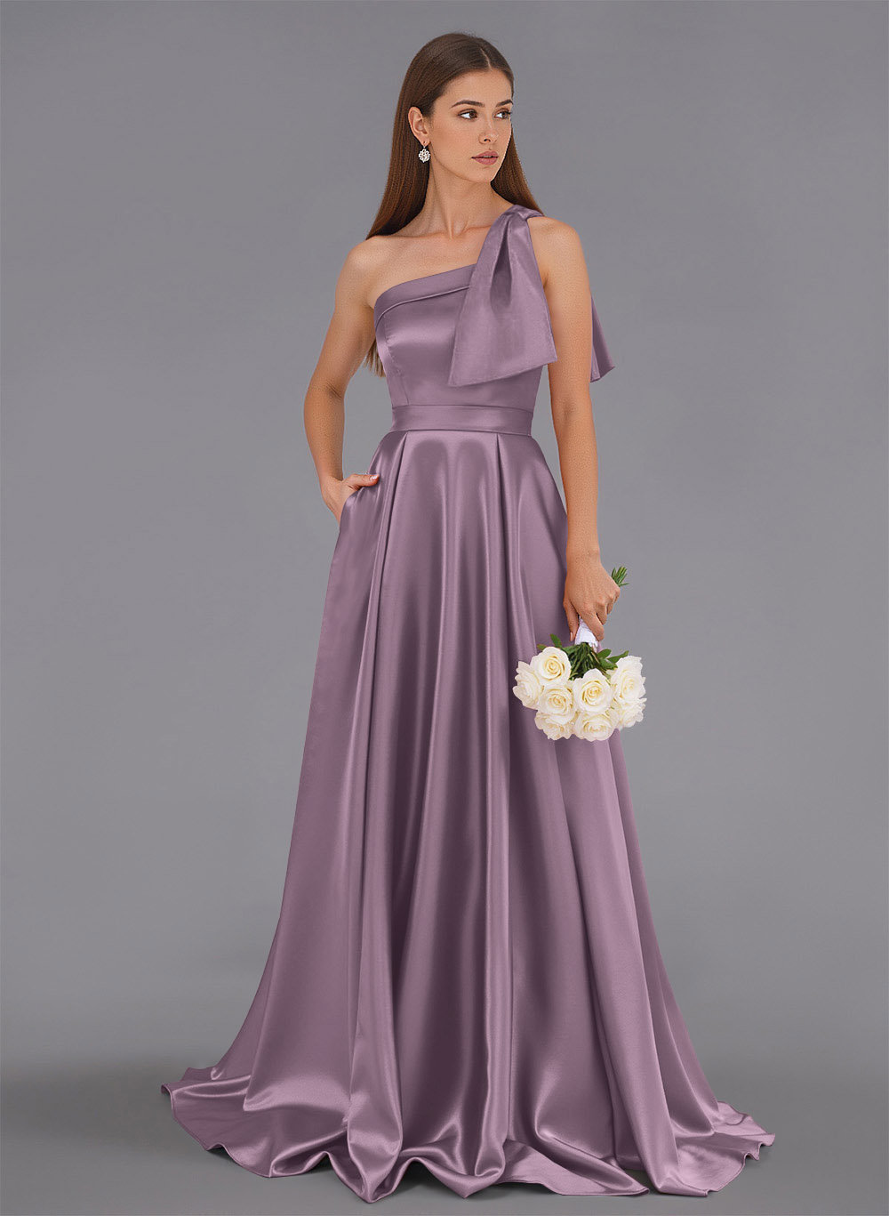 Classy Bow(s) One-Shoulder A-Line Sweep Train Satin Bridesmaid Dresses With Pockets, product image 82