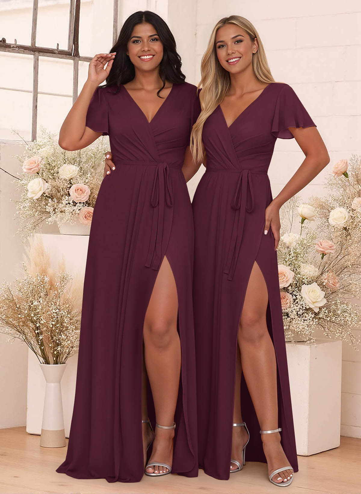 Elegant V-Neck Flutter Sleeve Floor-Length Chiffon Bridesmaid With Split Front, product image 111