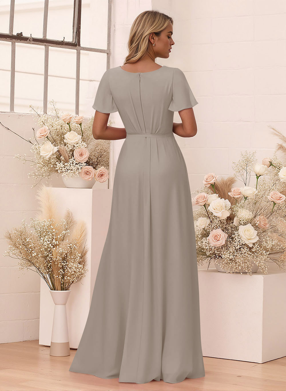 Elegant V-Neck Flutter Sleeve Floor-Length Chiffon Bridesmaid With Split Front, product image 18