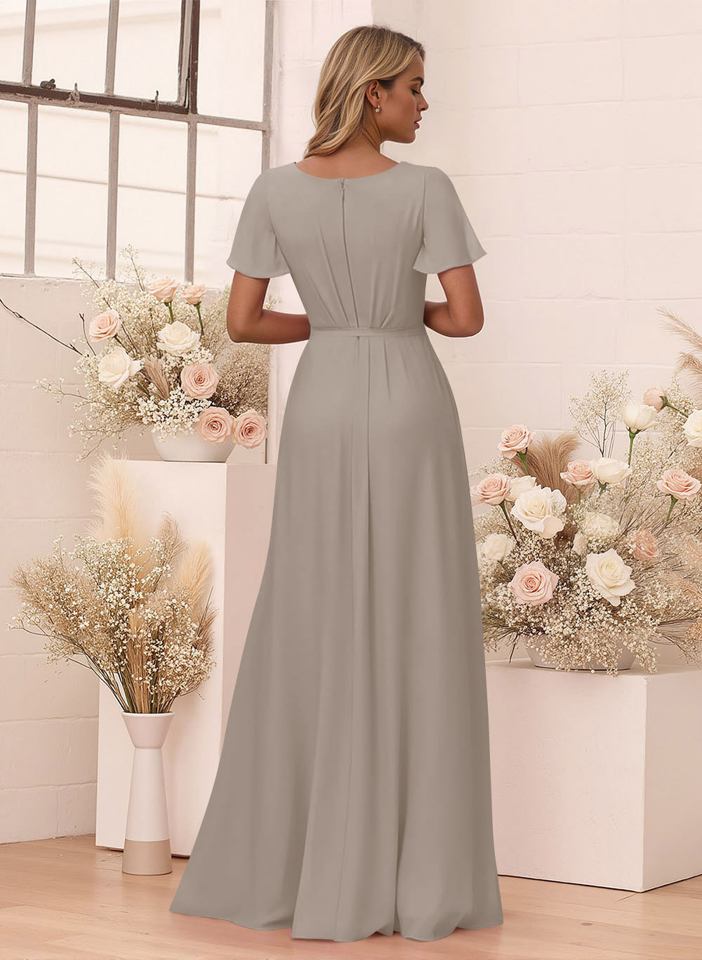 Elegant V-Neck Flutter Sleeve Floor-Length Chiffon Bridesmaid With Split Front, product image 18