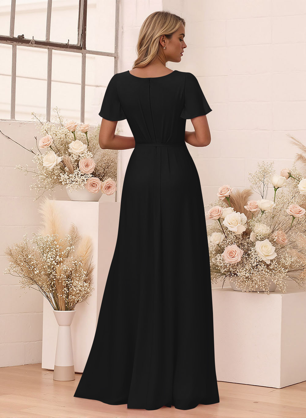 Elegant V-Neck Flutter Sleeve Floor-Length Chiffon Bridesmaid With Split Front, product image 22
