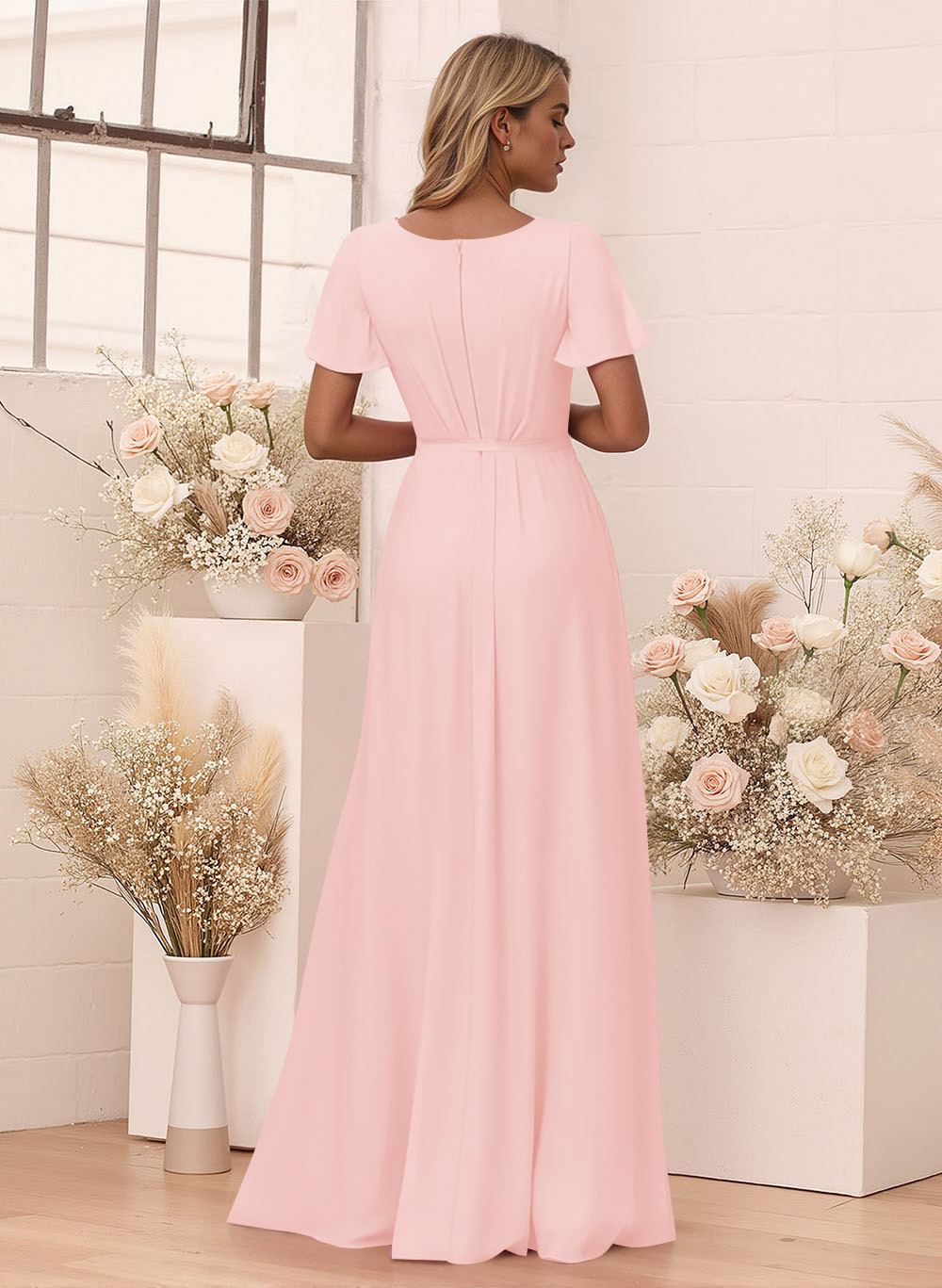 Elegant V-Neck Flutter Sleeve Floor-Length Chiffon Bridesmaid With Split Front, product image 90