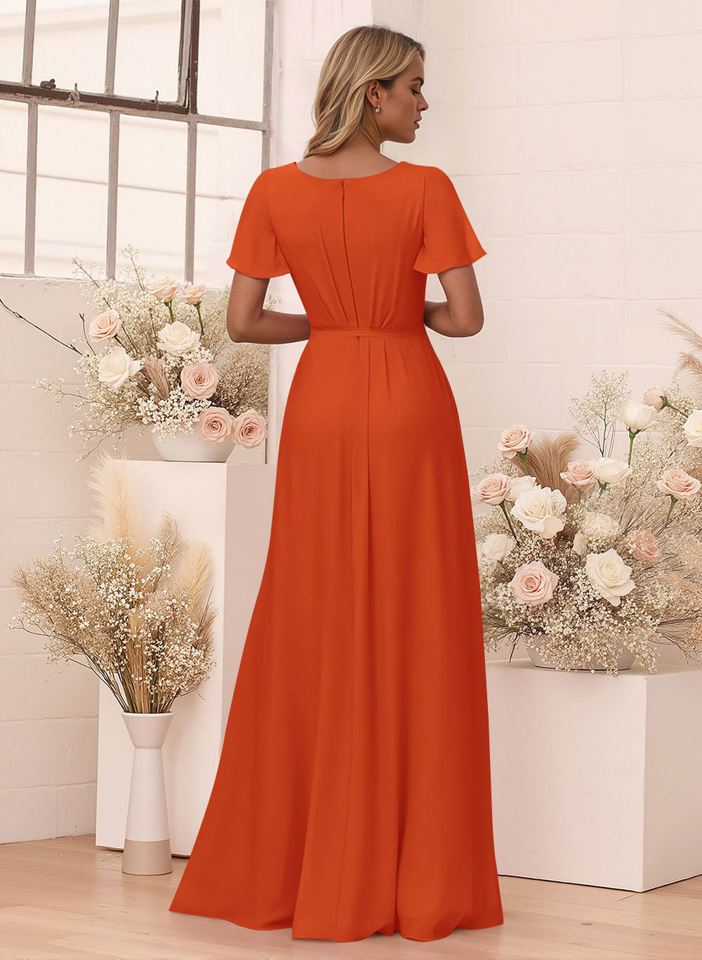 Elegant V-Neck Flutter Sleeve Floor-Length Chiffon Bridesmaid With Split Front, product image 16