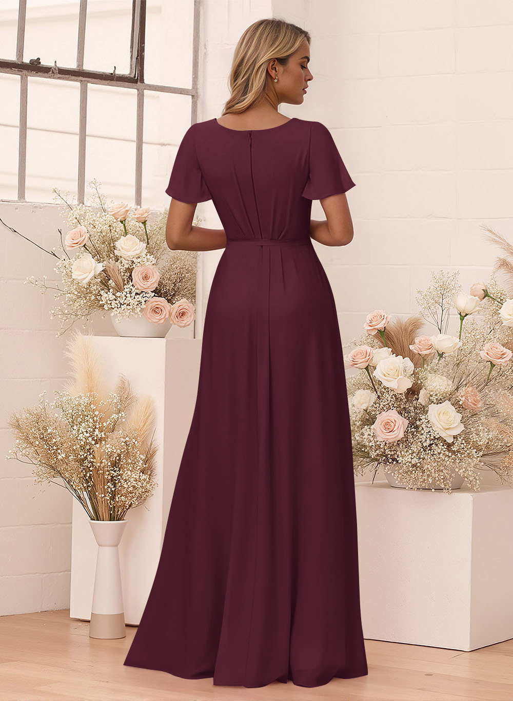 Elegant V-Neck Flutter Sleeve Floor-Length Chiffon Bridesmaid With Split Front, product image 112