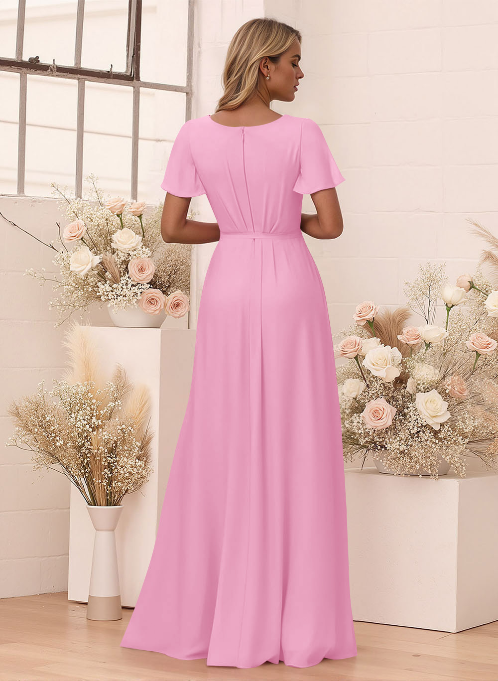 Elegant V-Neck Flutter Sleeve Floor-Length Chiffon Bridesmaid With Split Front, product image 88