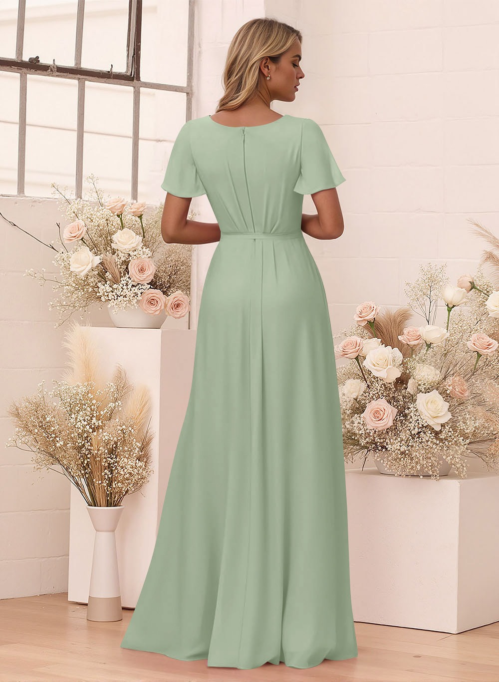 Elegant V-Neck Flutter Sleeve Floor-Length Chiffon Bridesmaid With Split Front, product image 52