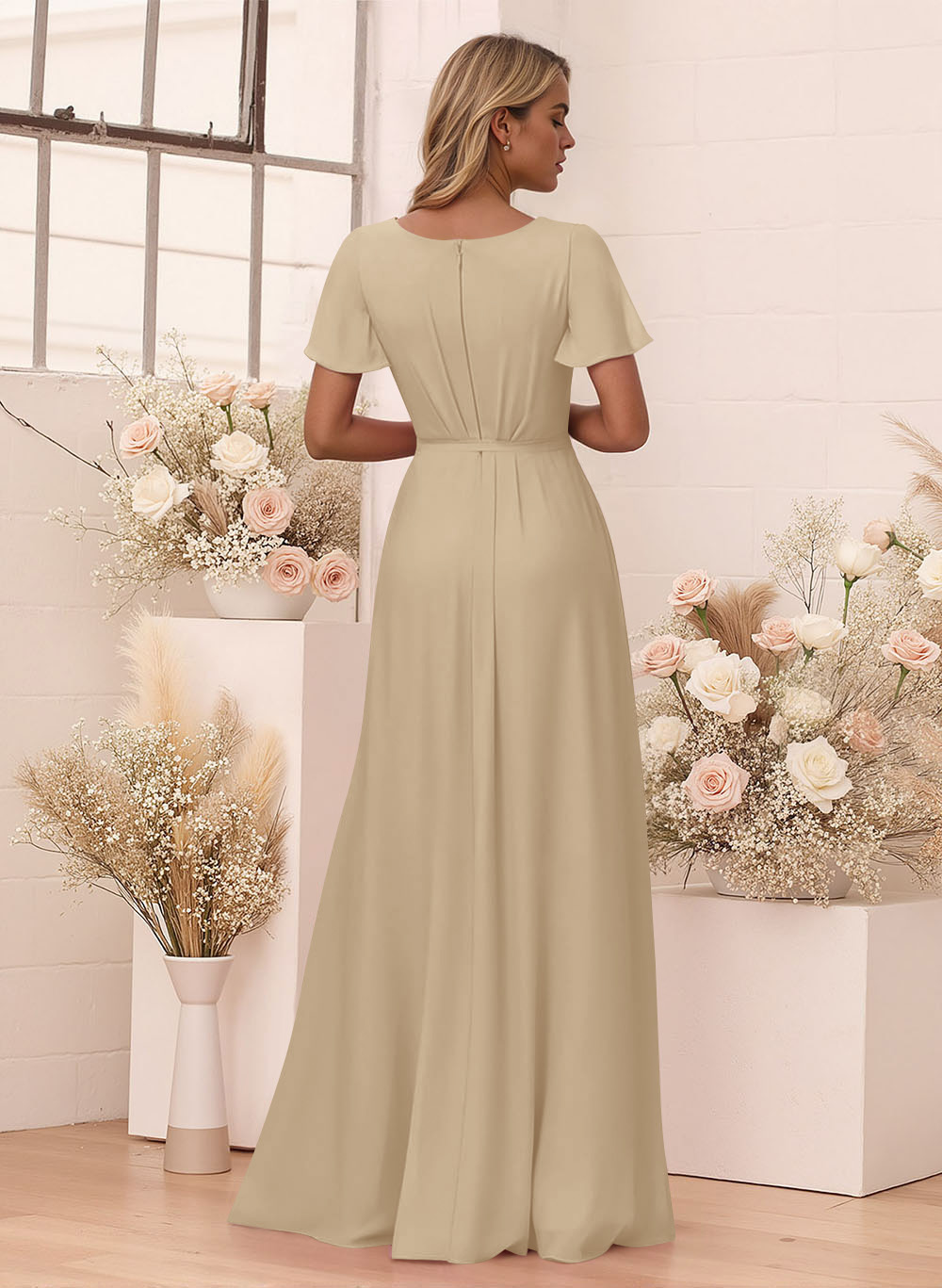 Elegant V-Neck Flutter Sleeve Floor-Length Chiffon Bridesmaid With Split Front, product image 44