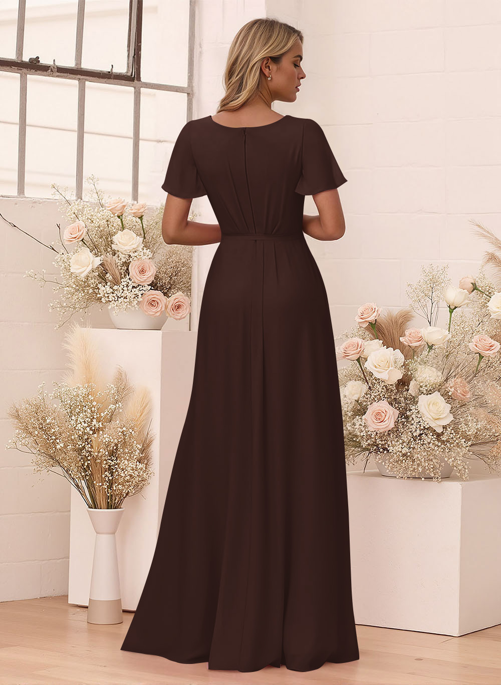 Elegant V-Neck Flutter Sleeve Floor-Length Chiffon Bridesmaid With Split Front, product image 32