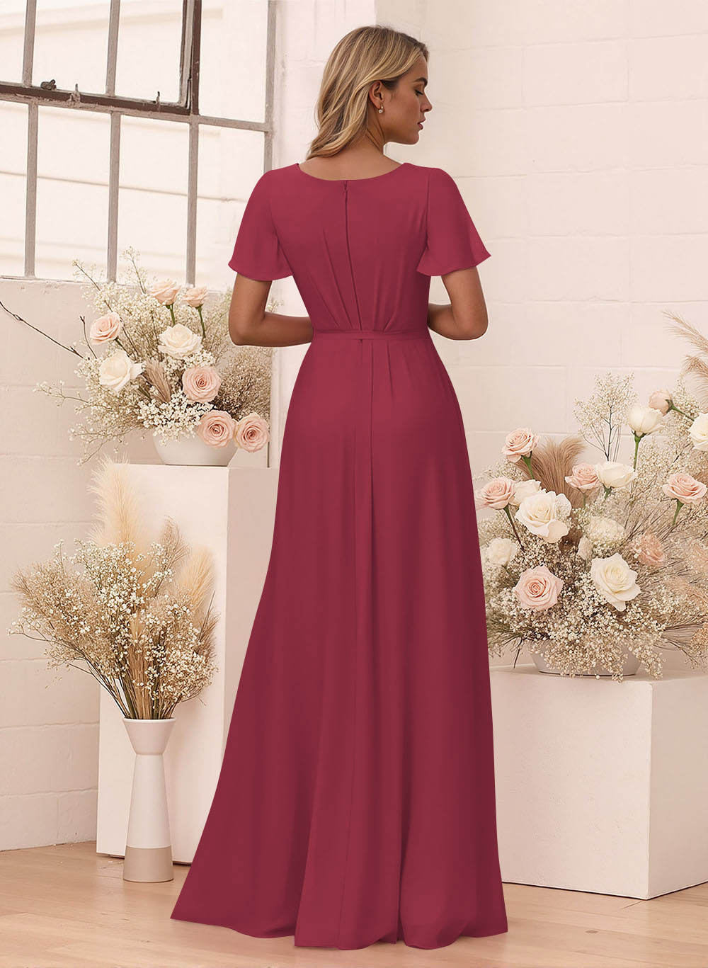 Elegant V-Neck Flutter Sleeve Floor-Length Chiffon Bridesmaid With Split Front, product image 108