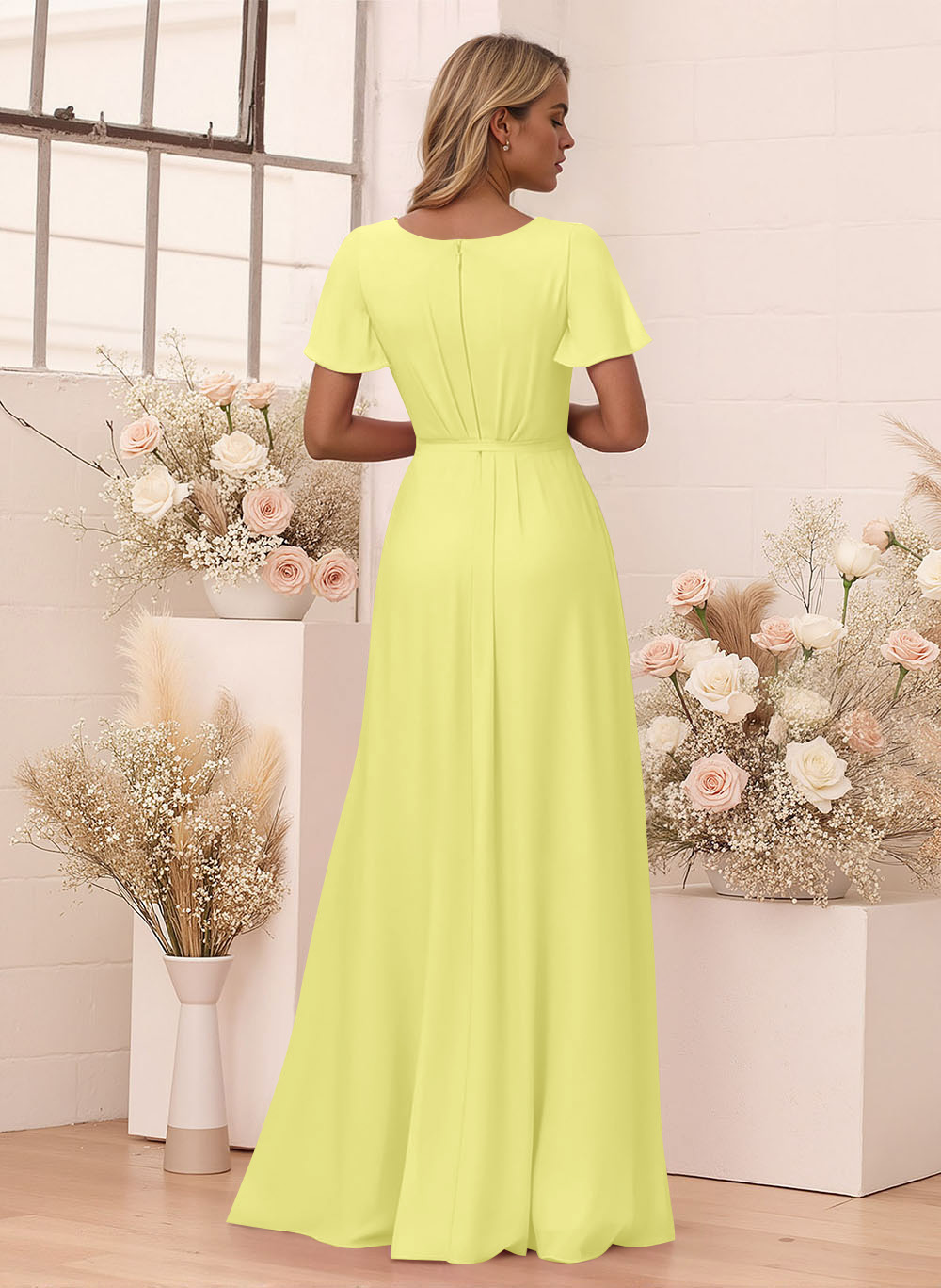 Elegant V-Neck Flutter Sleeve Floor-Length Chiffon Bridesmaid With Split Front, product image 40