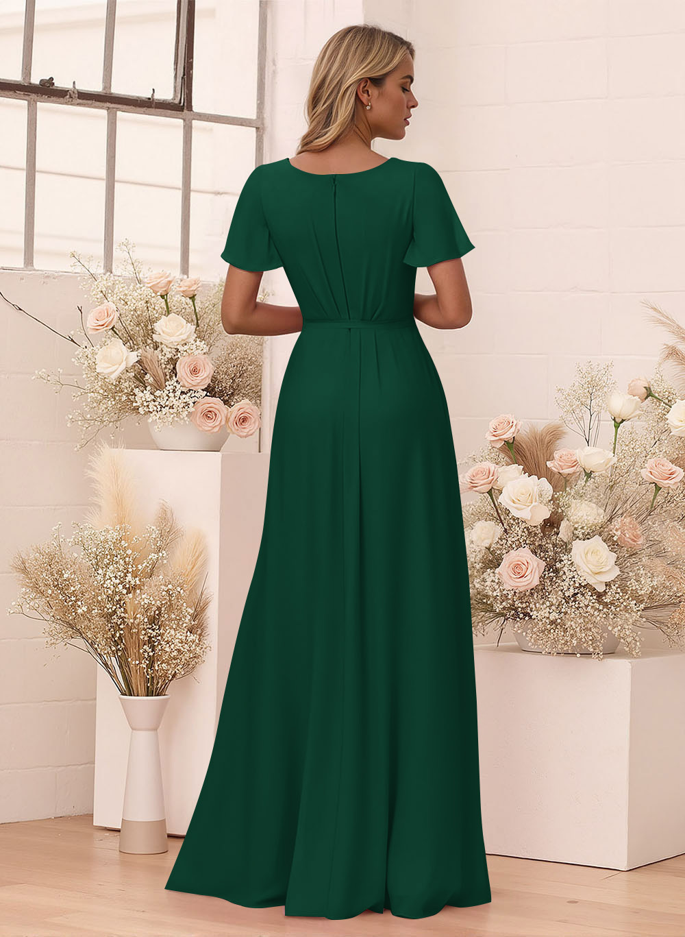 Elegant V-Neck Flutter Sleeve Floor-Length Chiffon Bridesmaid With Split Front, product image 60