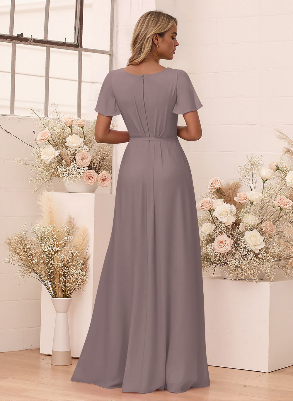Elegant V-Neck Flutter Sleeve Floor-Length Chiffon Bridesmaid With Split Front, product image 86