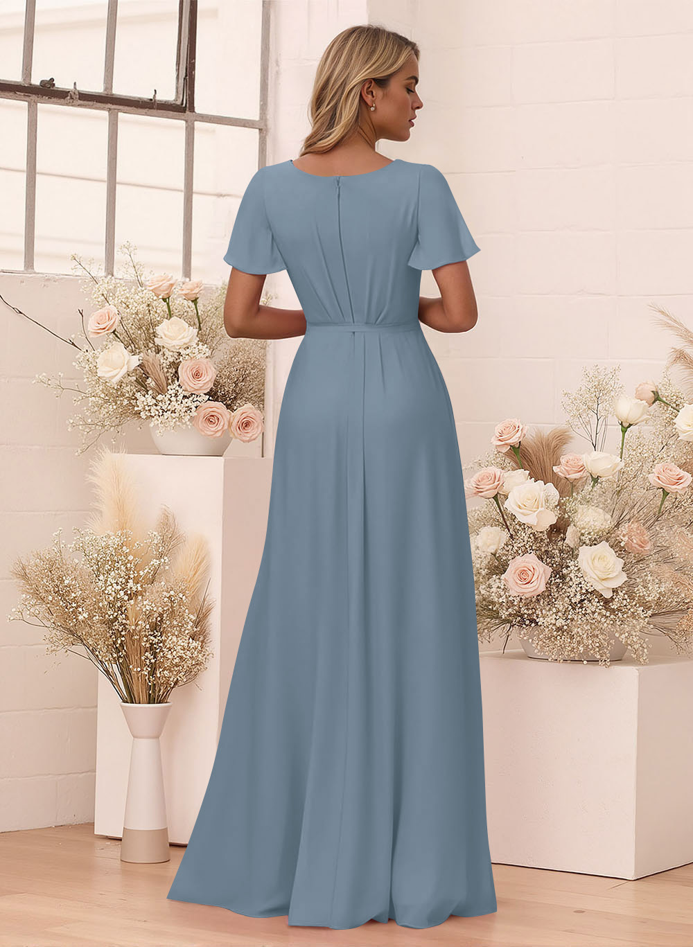 Elegant V-Neck Flutter Sleeve Floor-Length Chiffon Bridesmaid With Split Front, product image 132