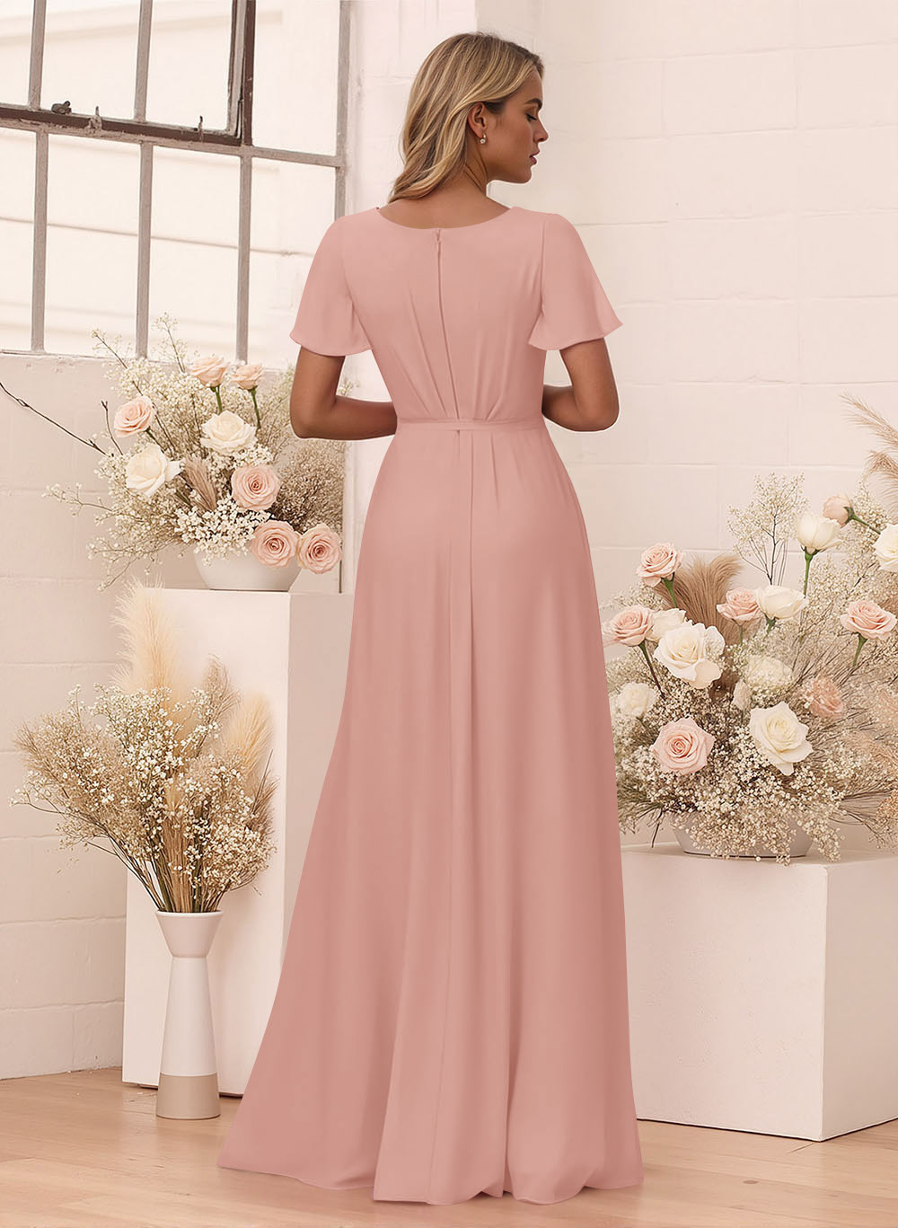 Elegant V-Neck Flutter Sleeve Floor-Length Chiffon Bridesmaid With Split Front, product image 98