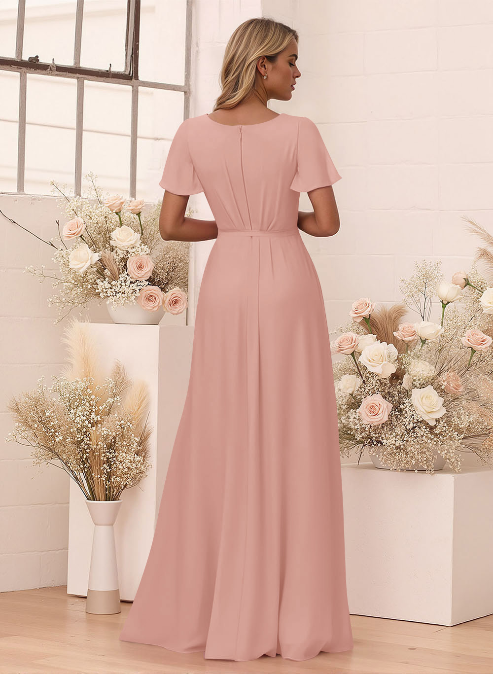 Elegant V-Neck Flutter Sleeve Floor-Length Chiffon Bridesmaid With Split Front, product image 98