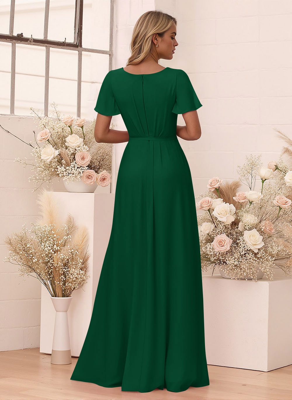 Elegant V-Neck Flutter Sleeve Floor-Length Chiffon Bridesmaid With Split Front, product image 10