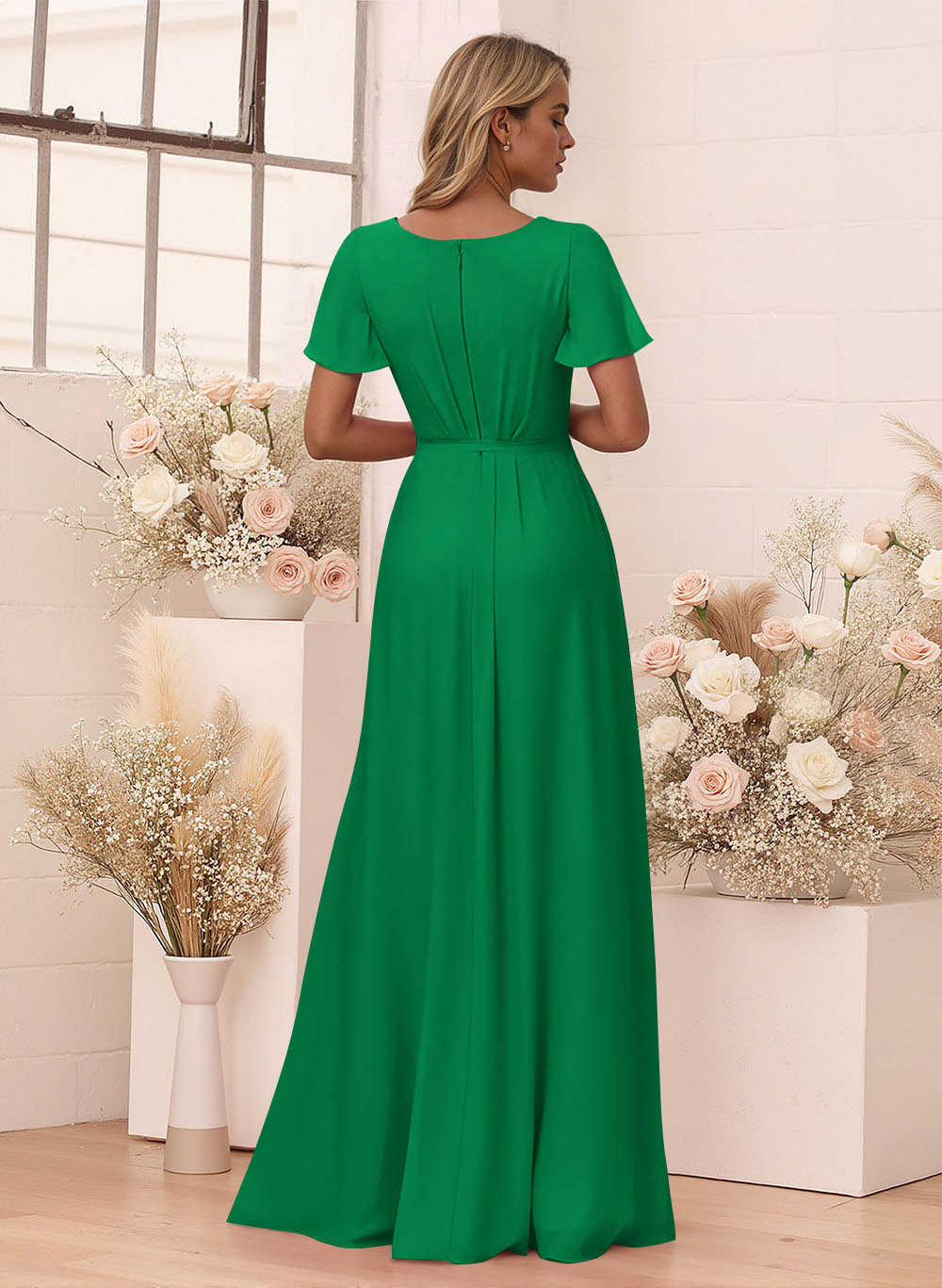 Elegant V-Neck Flutter Sleeve Floor-Length Chiffon Bridesmaid With Split Front, product image 12