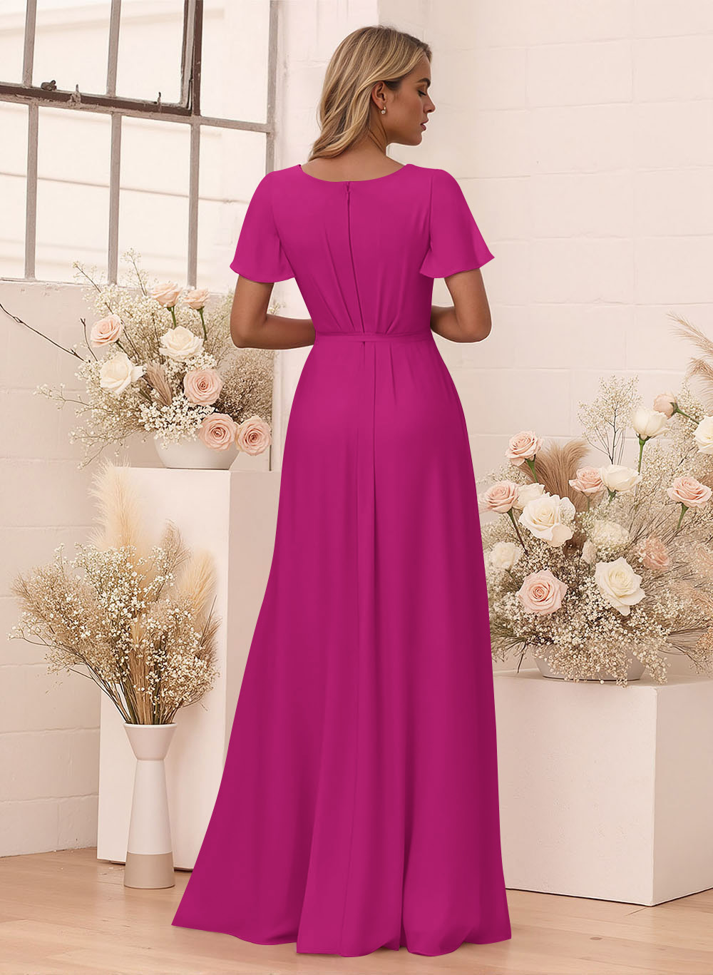 Elegant V-Neck Flutter Sleeve Floor-Length Chiffon Bridesmaid With Split Front, product image 64