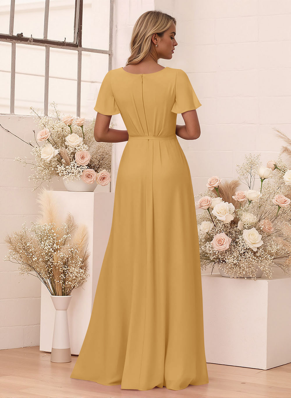Elegant V-Neck Flutter Sleeve Floor-Length Chiffon Bridesmaid With Split Front, product image 38