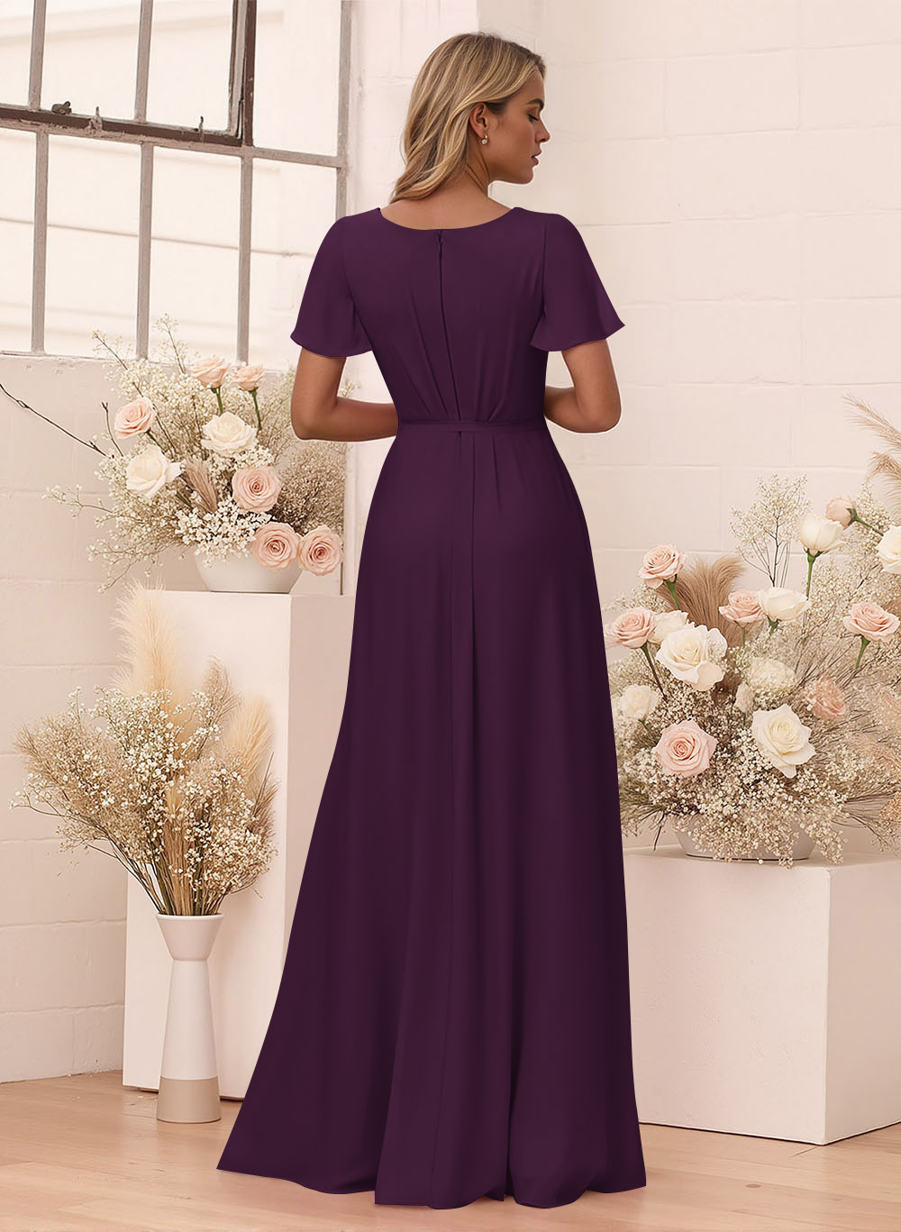 Elegant V-Neck Flutter Sleeve Floor-Length Chiffon Bridesmaid With Split Front, product image 70