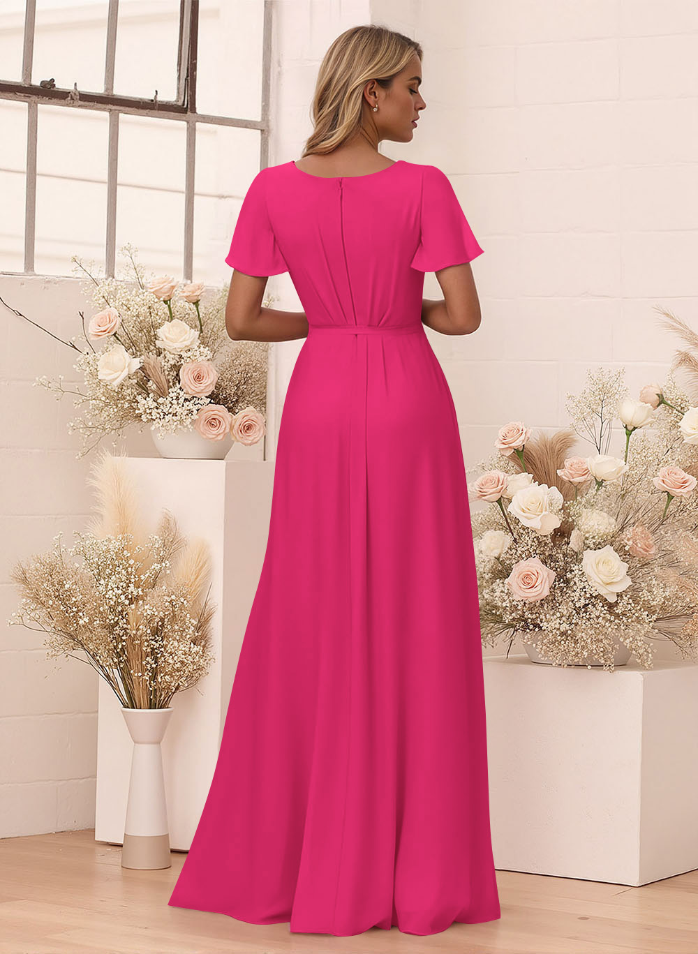 Elegant V-Neck Flutter Sleeve Floor-Length Chiffon Bridesmaid With Split Front, product image 66