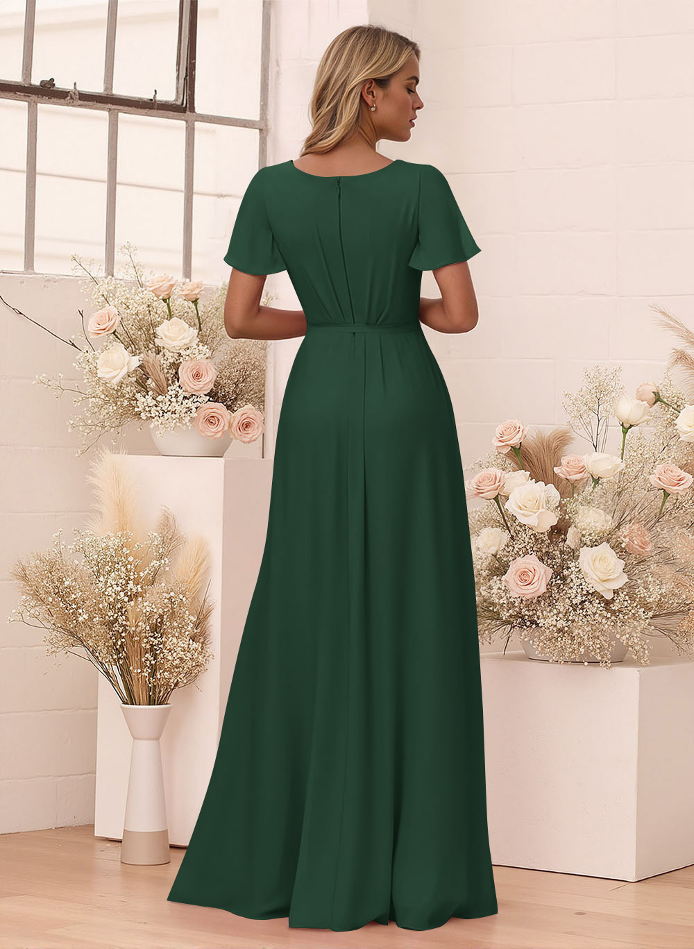 Elegant V-Neck Flutter Sleeve Floor-Length Chiffon Bridesmaid With Split Front, product image 58