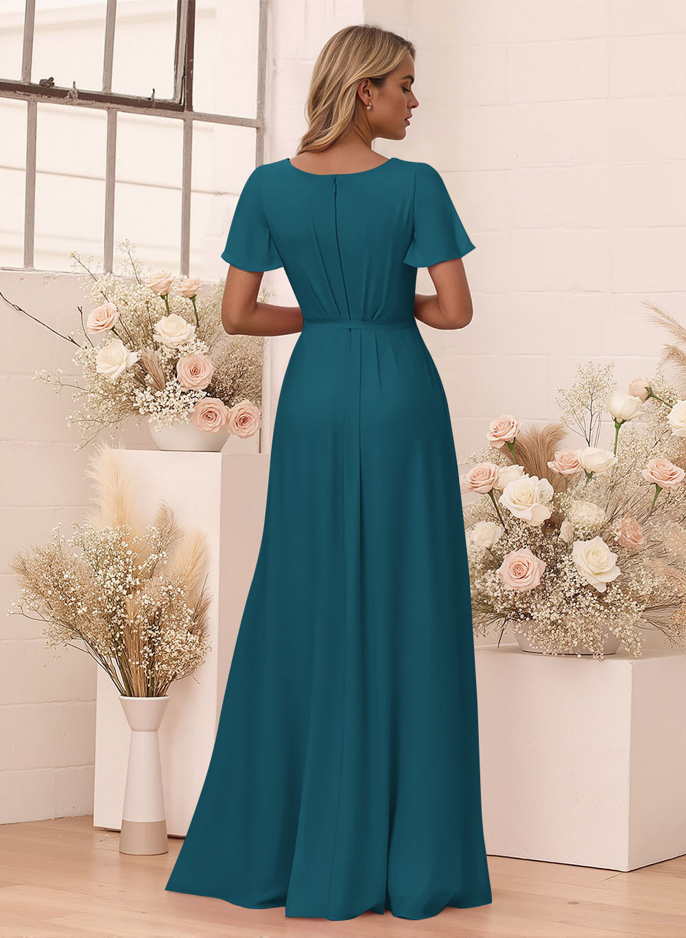 Elegant V-Neck Flutter Sleeve Floor-Length Chiffon Bridesmaid With Split Front, product image 126