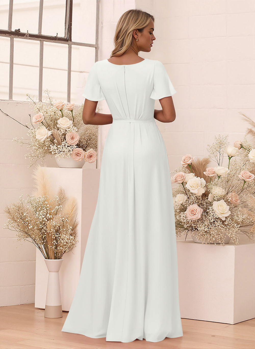 Elegant V-Neck Flutter Sleeve Floor-Length Chiffon Bridesmaid With Split Front, product image 30