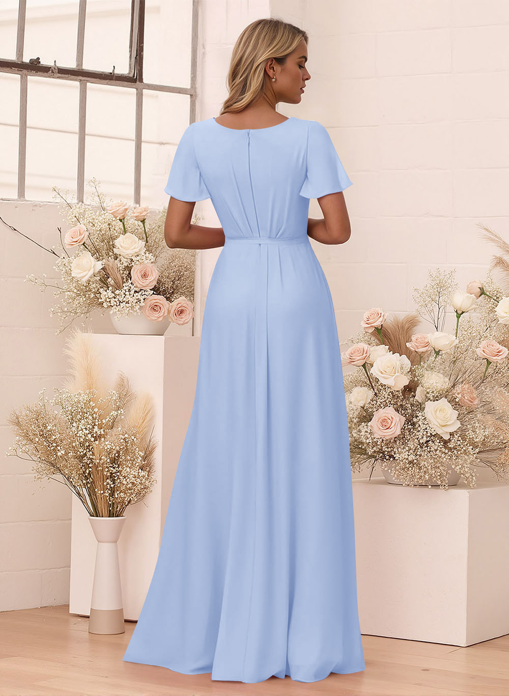 Elegant V-Neck Flutter Sleeve Floor-Length Chiffon Bridesmaid With Split Front, product image 76