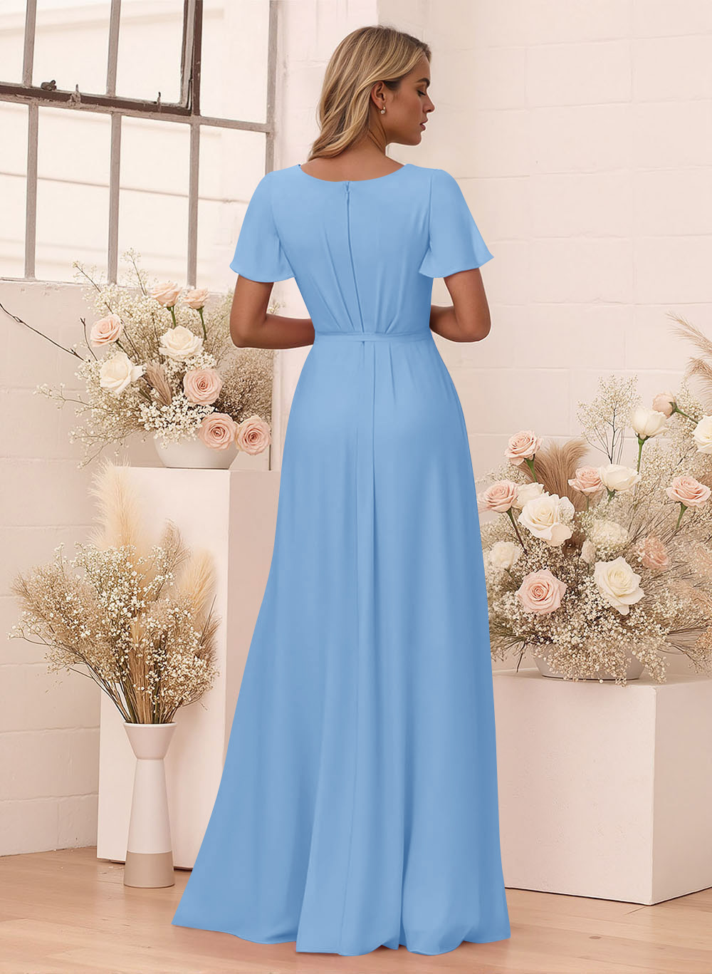 Elegant V-Neck Flutter Sleeve Floor-Length Chiffon Bridesmaid With Split Front, product image 118