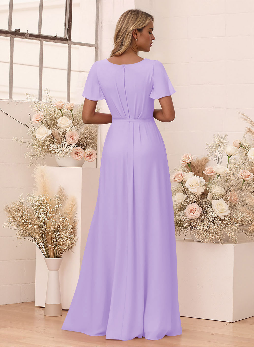 Elegant V-Neck Flutter Sleeve Floor-Length Chiffon Bridesmaid With Split Front, product image 78