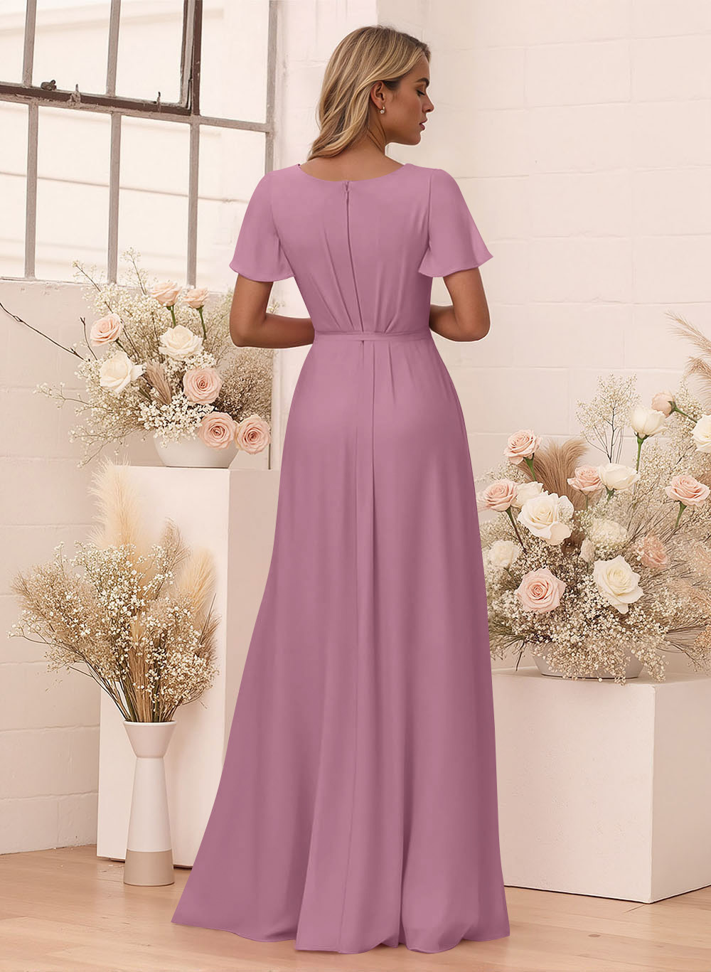 Elegant V-Neck Flutter Sleeve Floor-Length Chiffon Bridesmaid With Split Front, product image 80