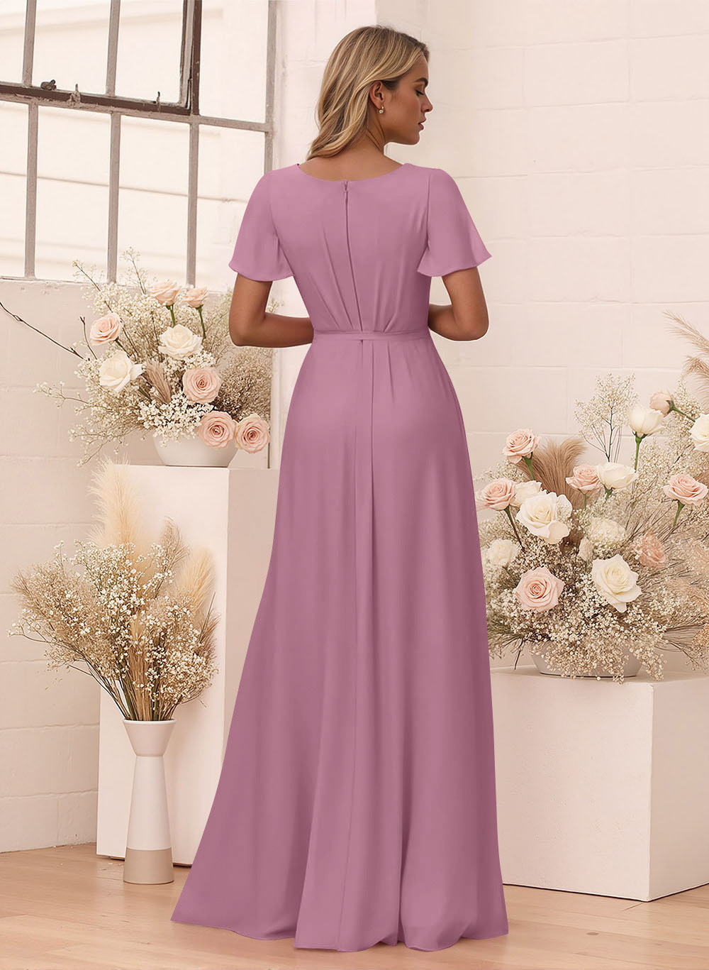 Elegant V-Neck Flutter Sleeve Floor-Length Chiffon Bridesmaid With Split Front, product image 80