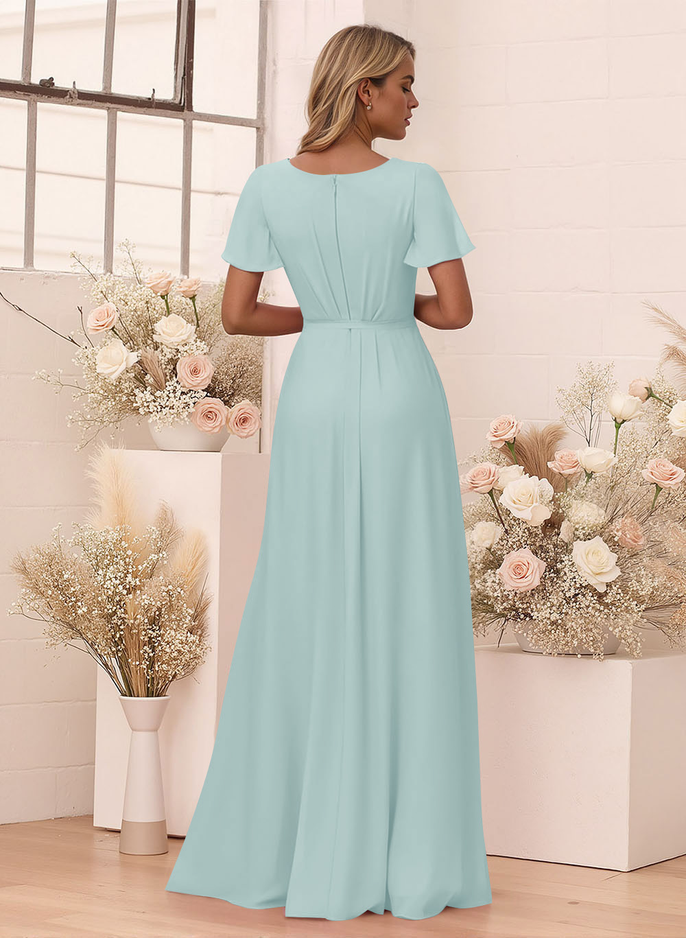 Elegant V-Neck Flutter Sleeve Floor-Length Chiffon Bridesmaid With Split Front, product image 114